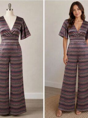 FARM RIO Revolve Zigzag Pink Gray V-Neck Jumpsuit Womens Sz Large